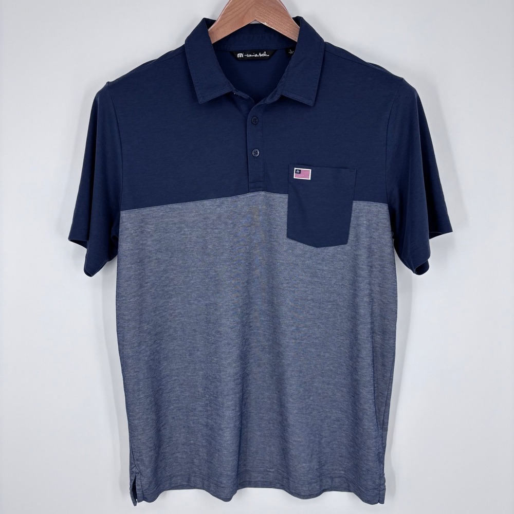Travis Mathew Polo Shirt Mens L Blue Colorblock USA Flag Barbecue Boys July 4th